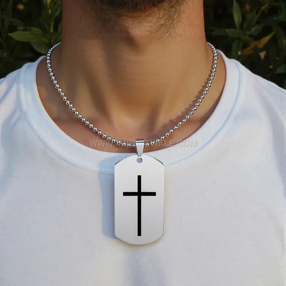 Geometric Stainless Steel Cross Dog Tag Pendant Necklace