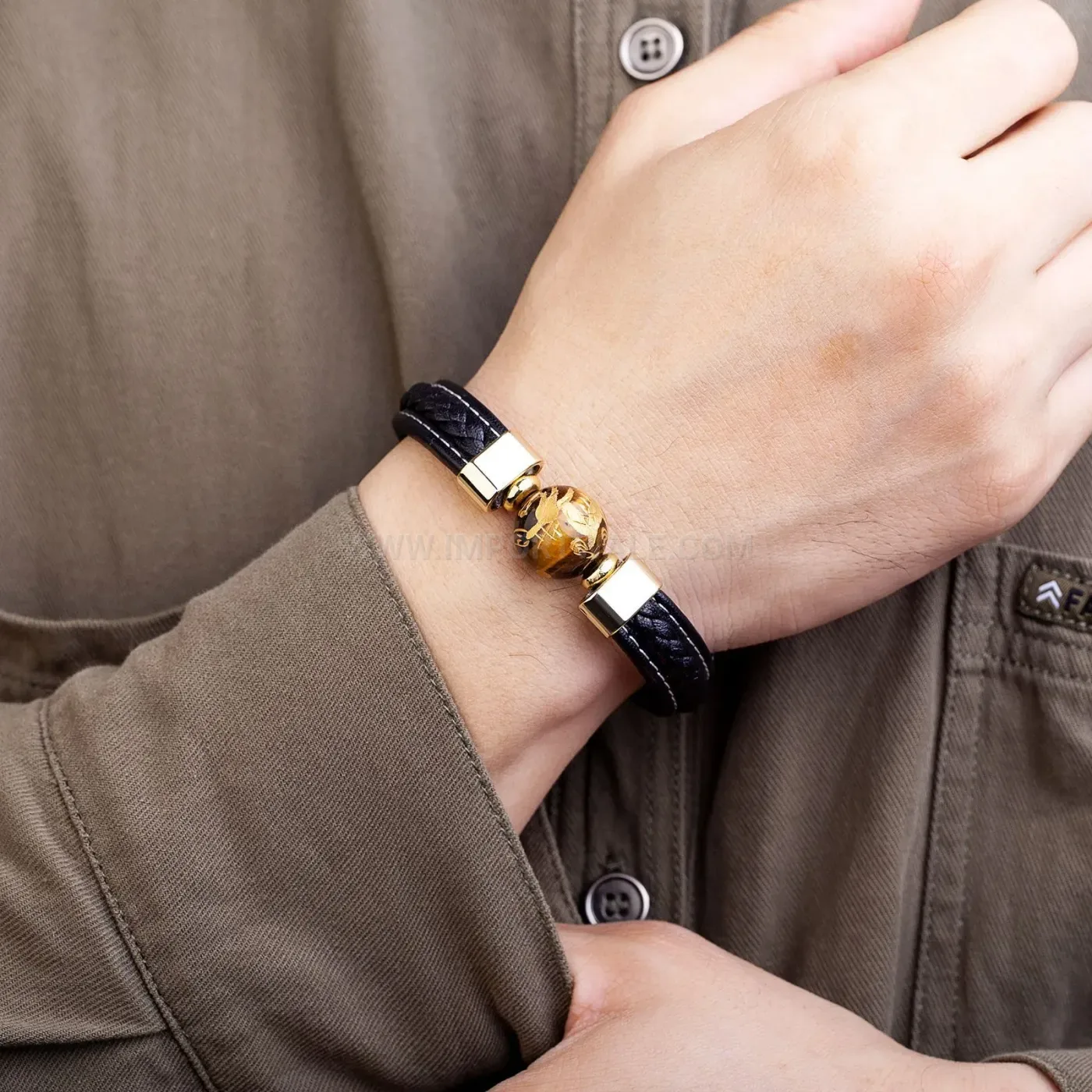 Braided Leather Dragon Pattern Stone Bracelet with Stainless Steel Clasp