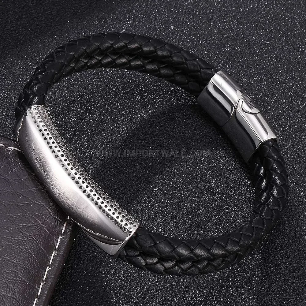 Woven Leather Wristband with Polished Stainless Steel Magnetic Clasp