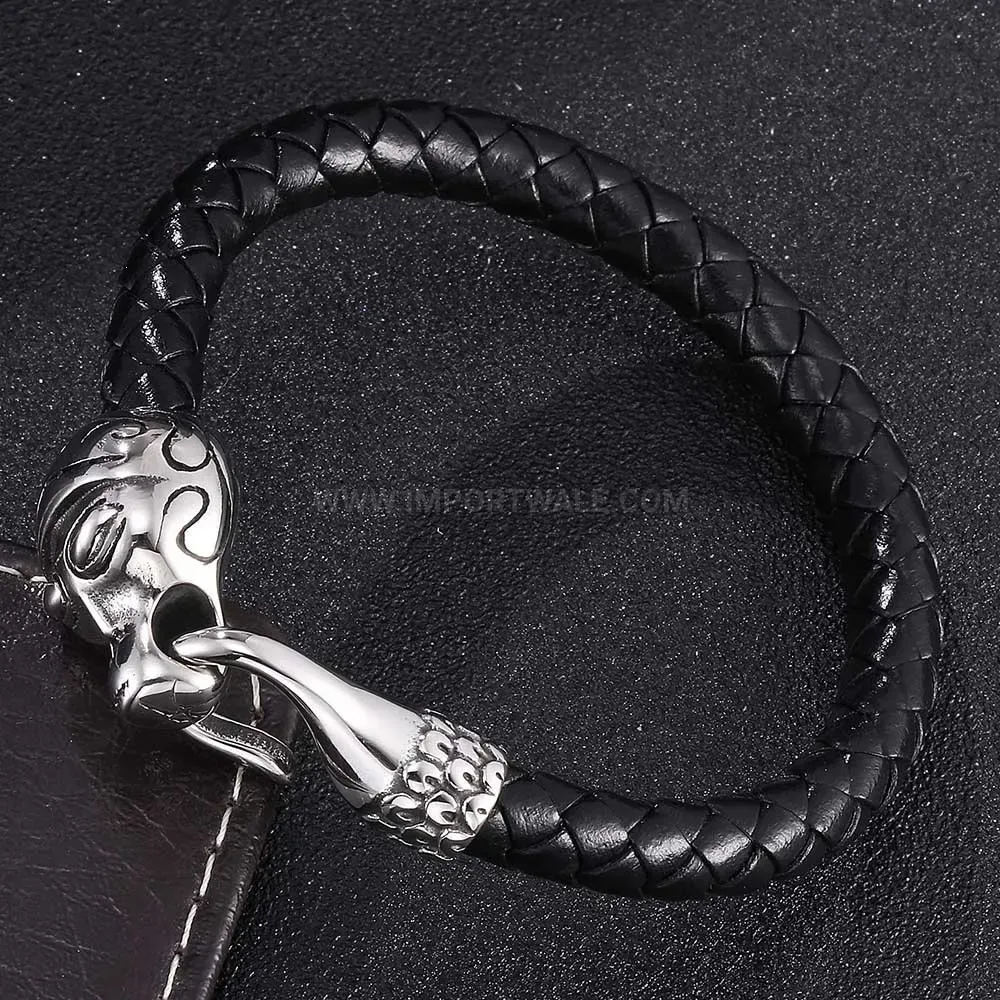 Bold Men's Stainless Steel Snake Clasp Woven Leather Bracelet