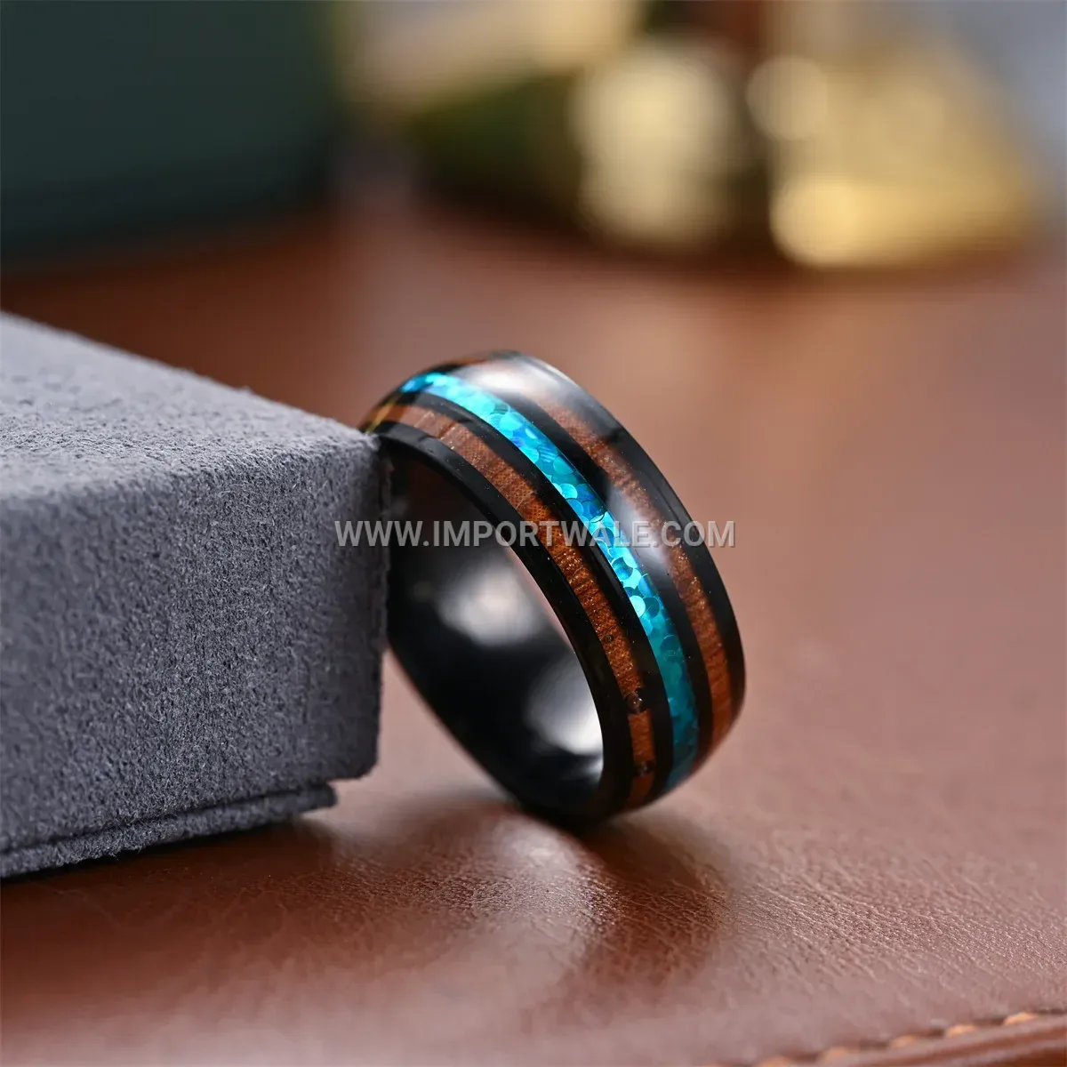 Stainless Steel Acacia Wood Shell Inlay Band Ring