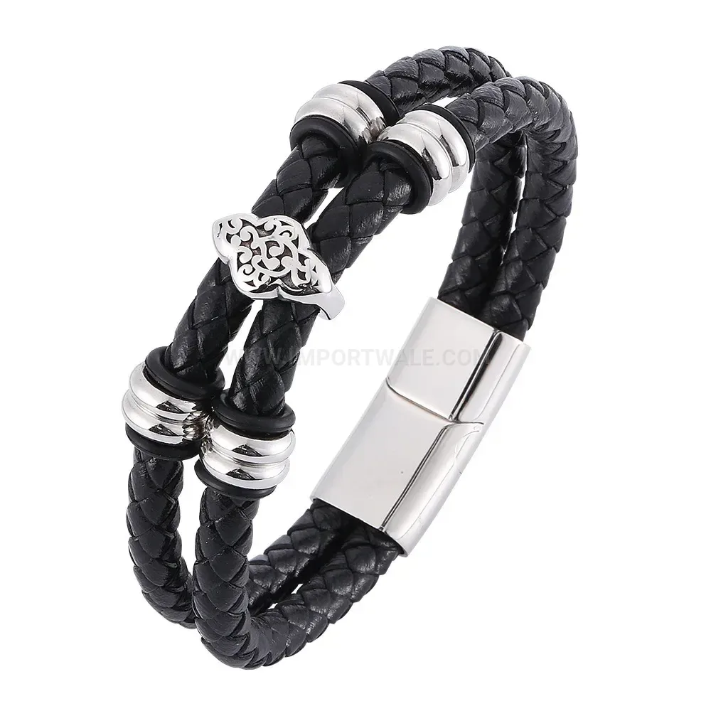 Floral Motif Electroplated Stainless Steel Braided Leather Bangle Bracelet