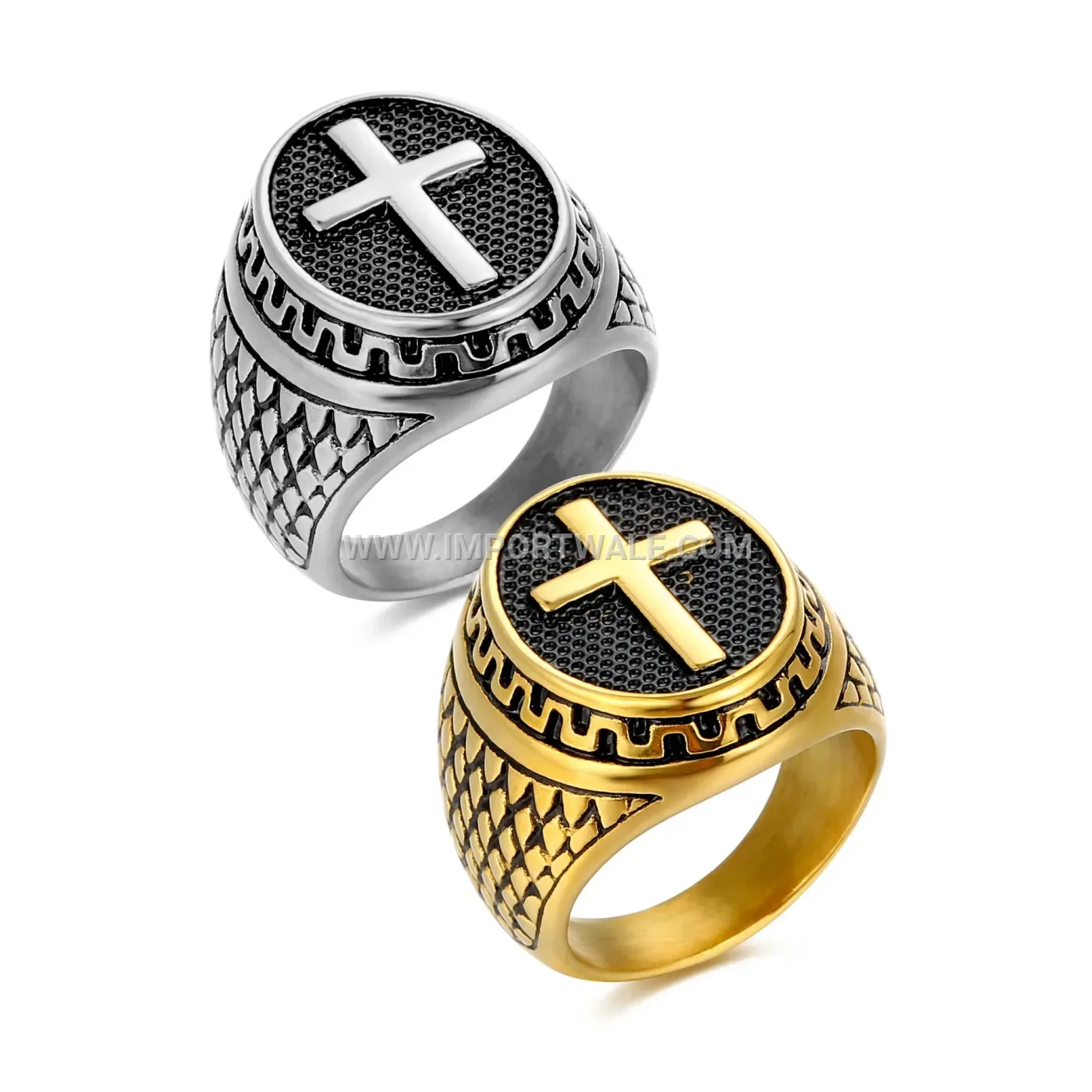 Gothic Cross Stainless Steel Signet Ring with Shell Accent