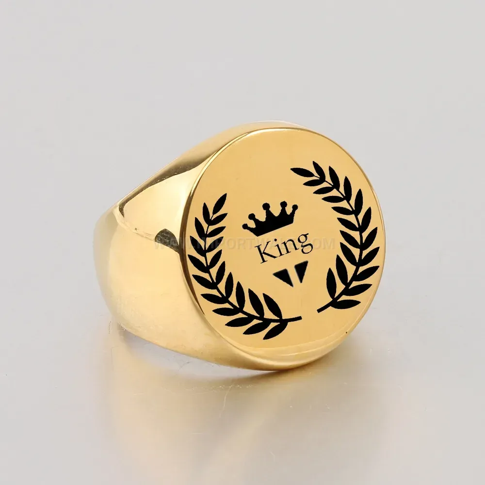 Trendy Laser Engraved Leaves Crown Stainless Steel Signet Ring