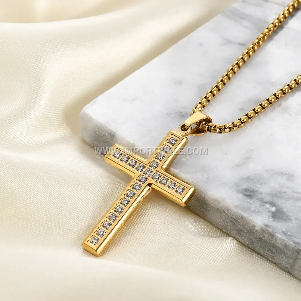 Rhinestone Embellished Stainless Steel Cross Pendant Necklace