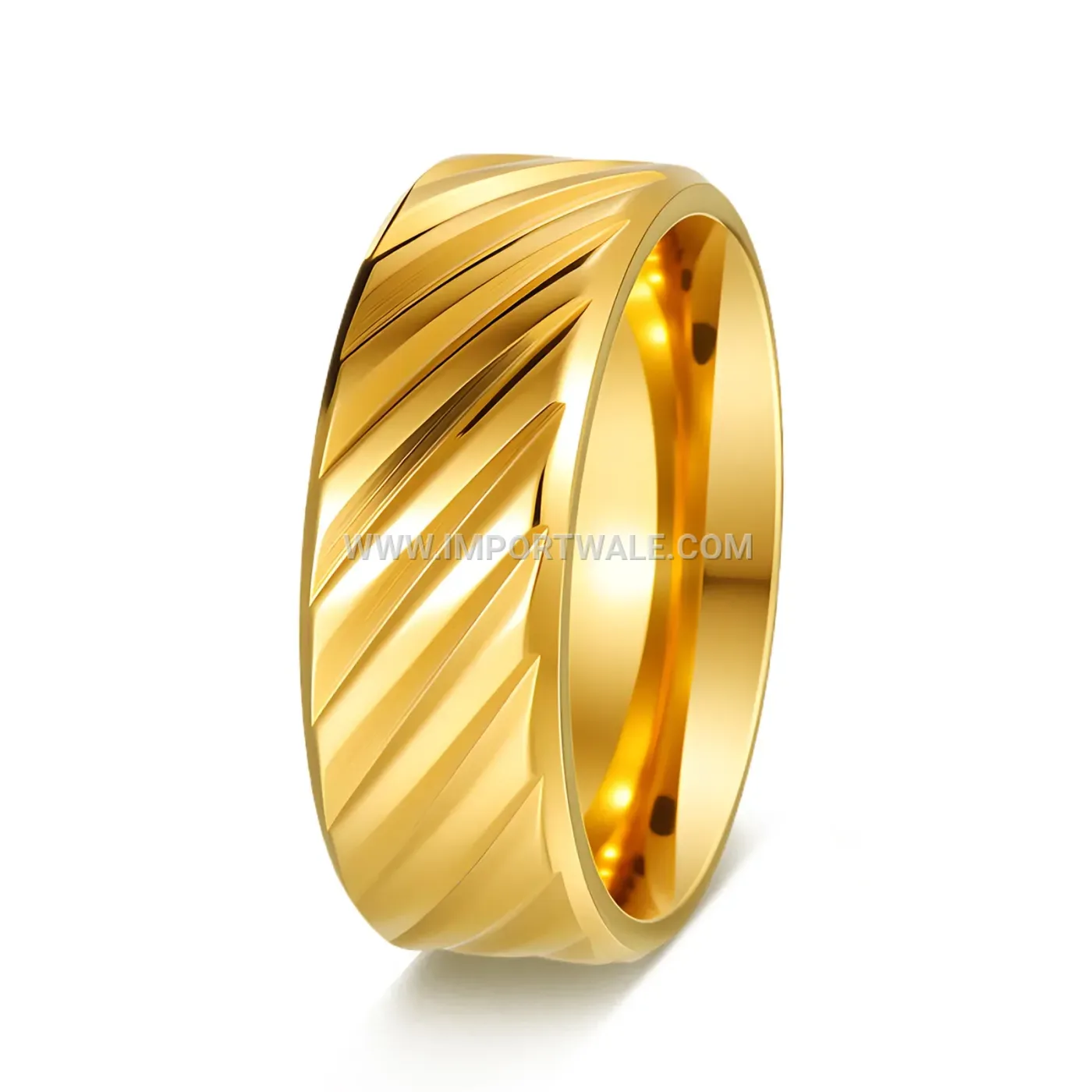 Gold Plated Diagonally Carved Stainless Steel Ring