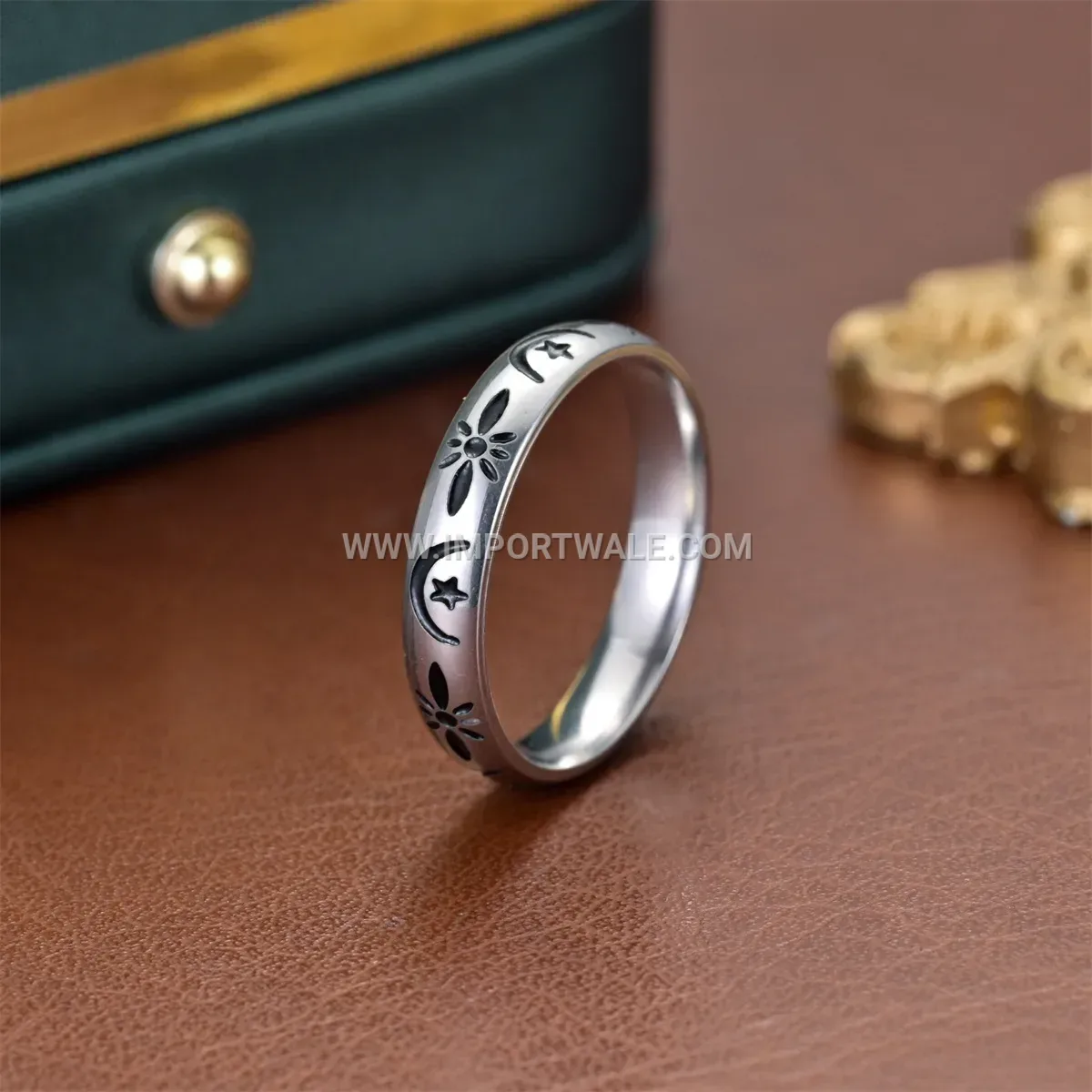 Star and Moon Engraved Titanium Steel Ring