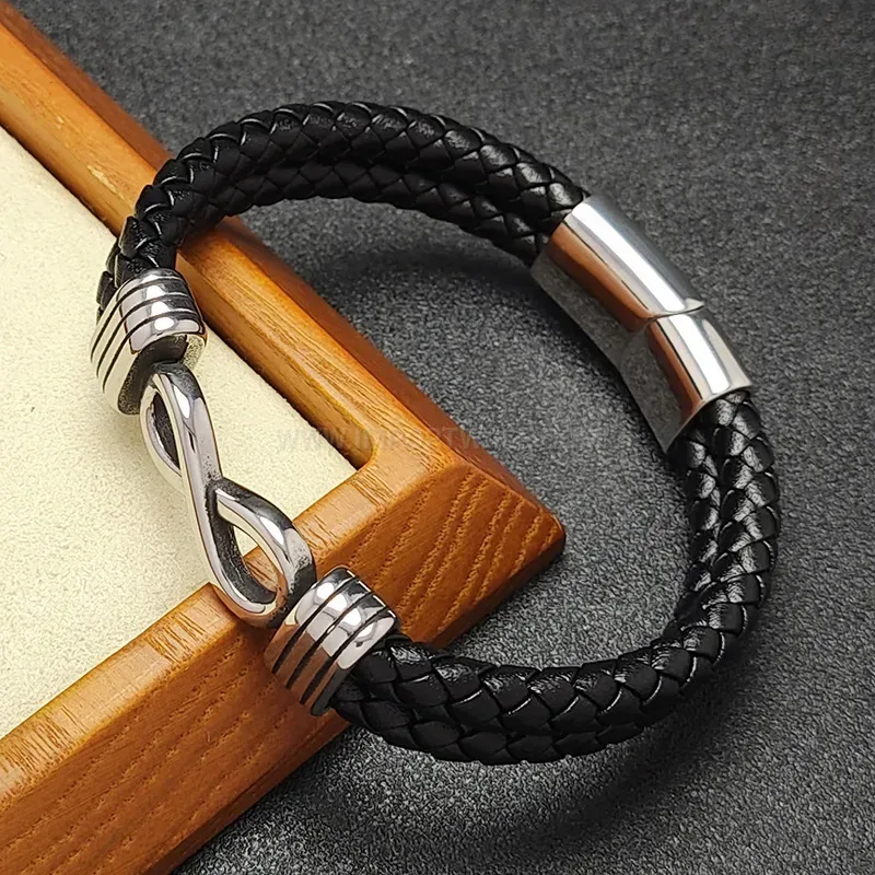 Infinity Symbol Stainless Steel Two Tone Leather Men's Bracelet