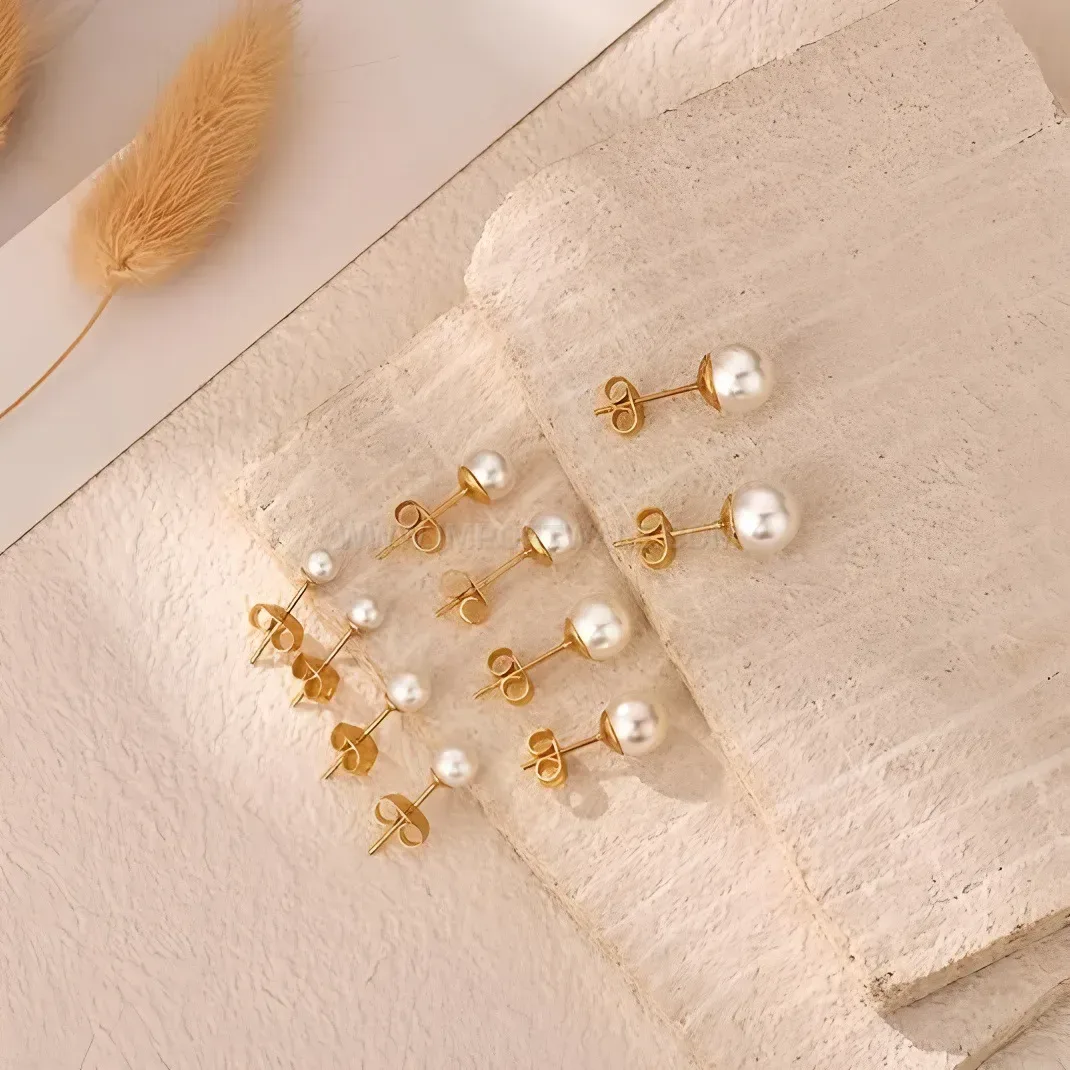 Stylish Classic Pearl Stainless Steel Stud Earrings with Round Ball Accent