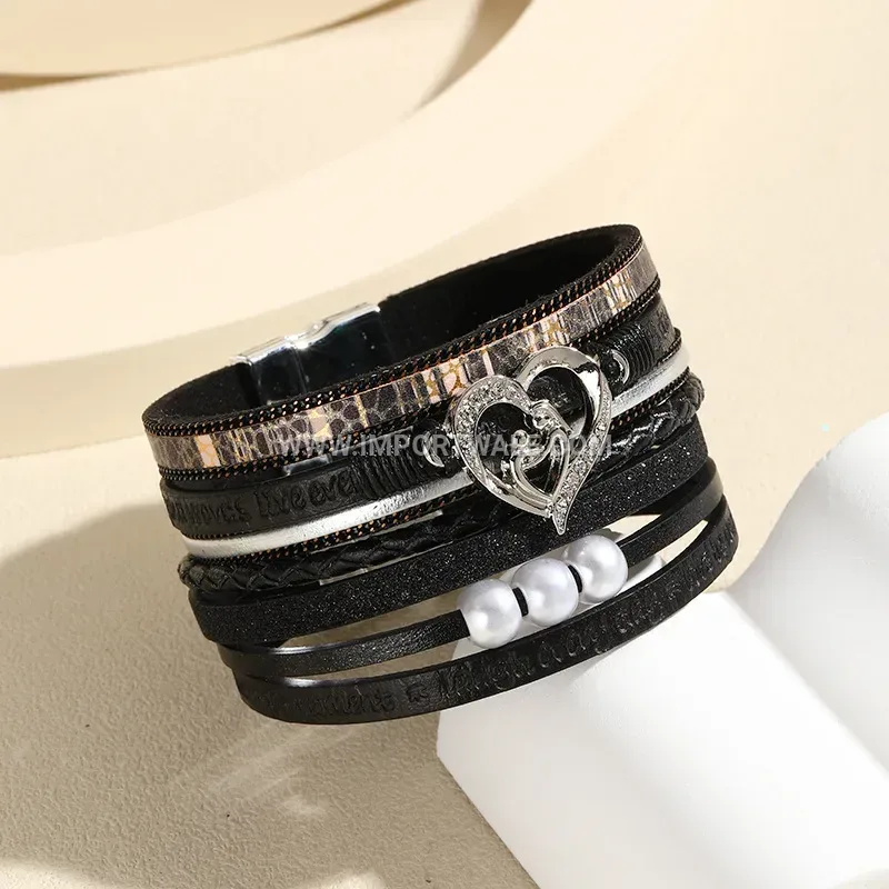 Multi-Layer Faux Leather Open Bangle Bracelet With Heart Detail