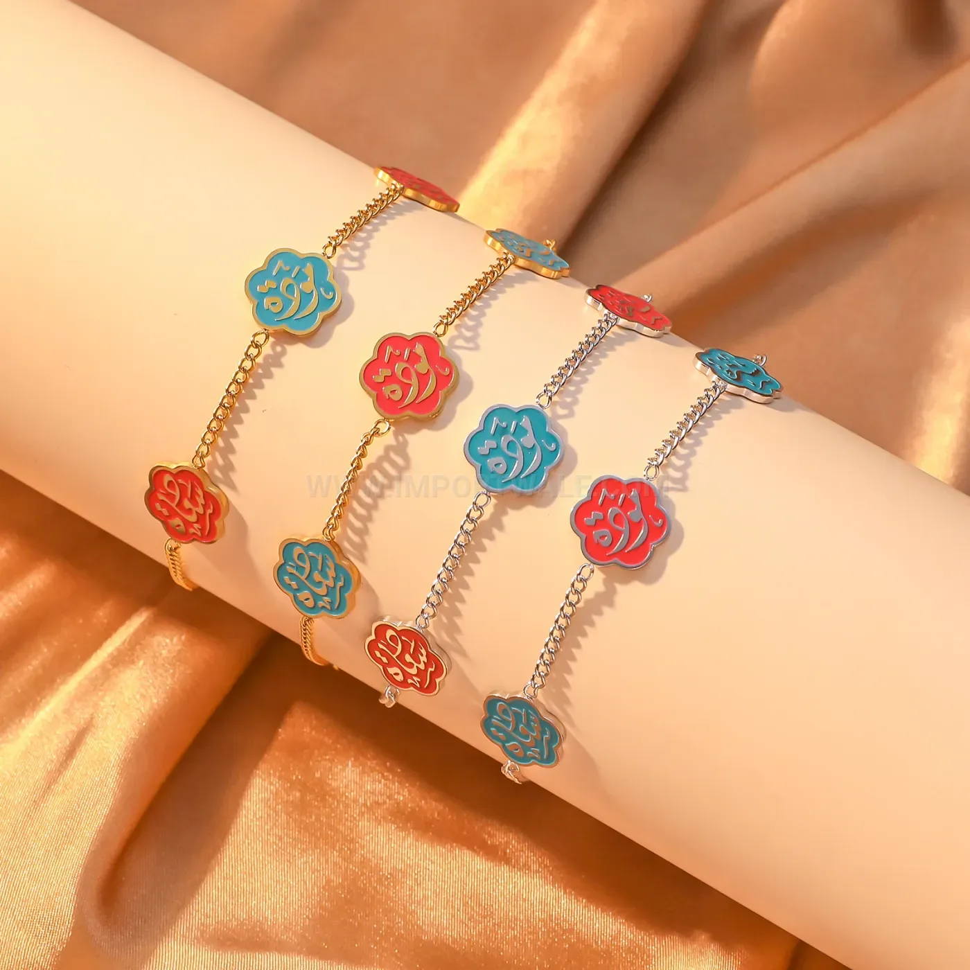 Stainless Steel Enamel Flower Charm Arabic Calligraphy Chain Bracelet