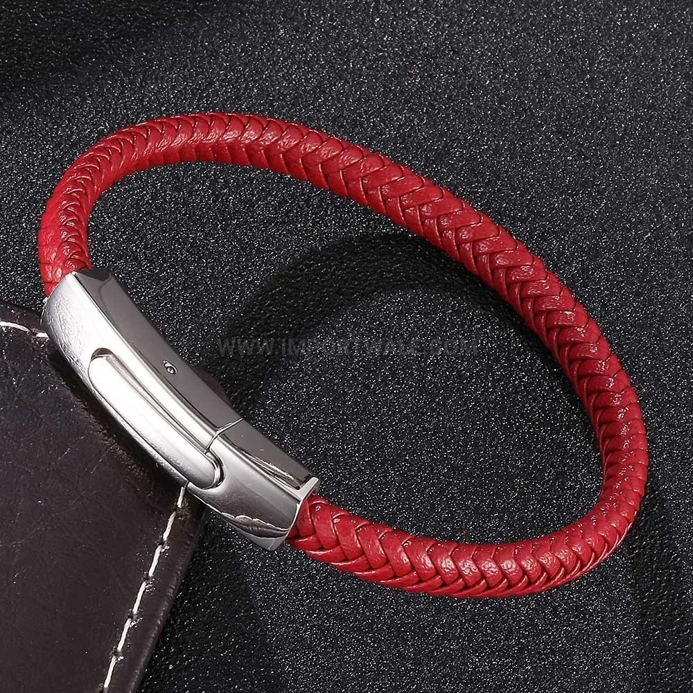 Woven Leather Bracelet with Stainless Steel Push Clasp