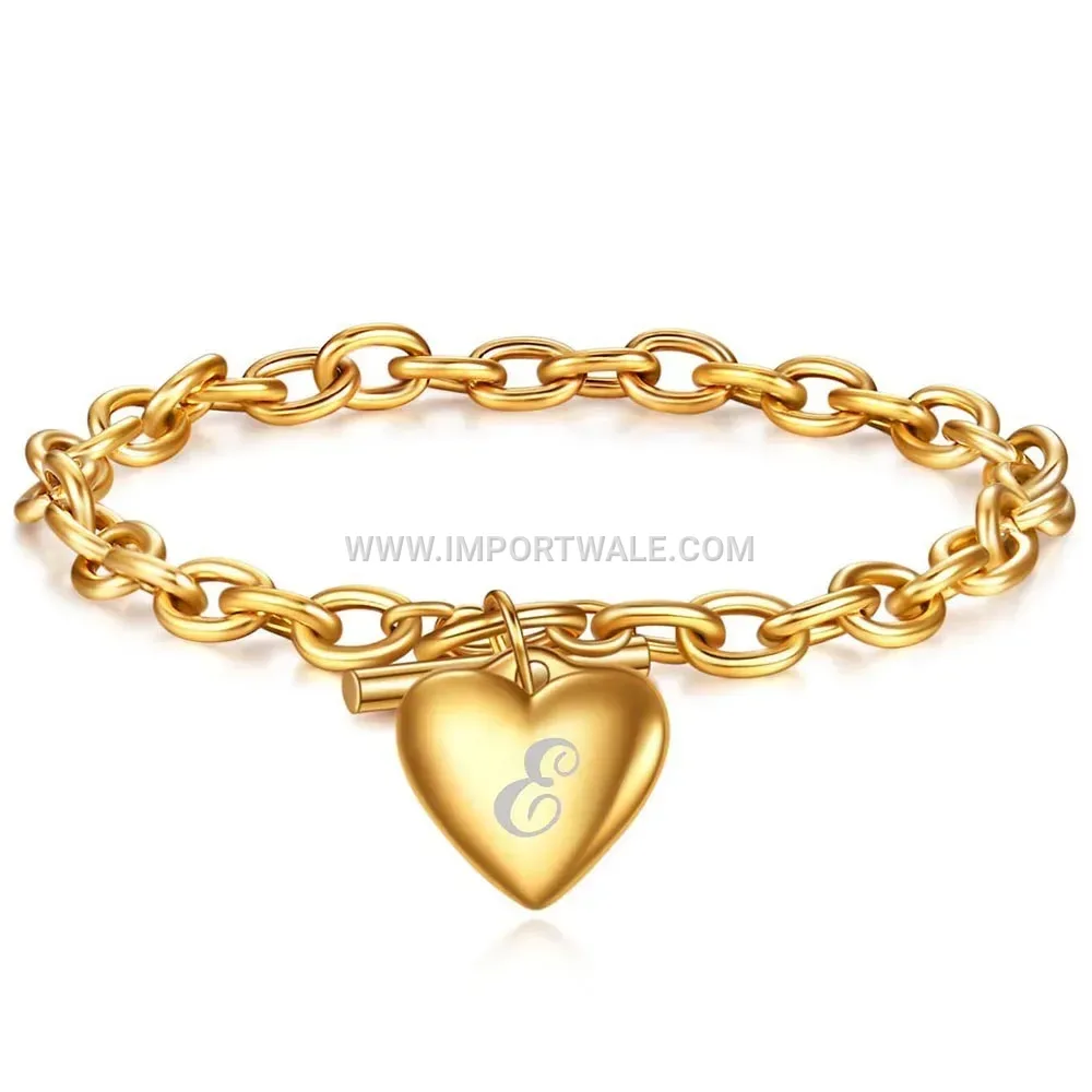Sleek Stainless Steel Heart Letter Pendant Toggle Bracelet