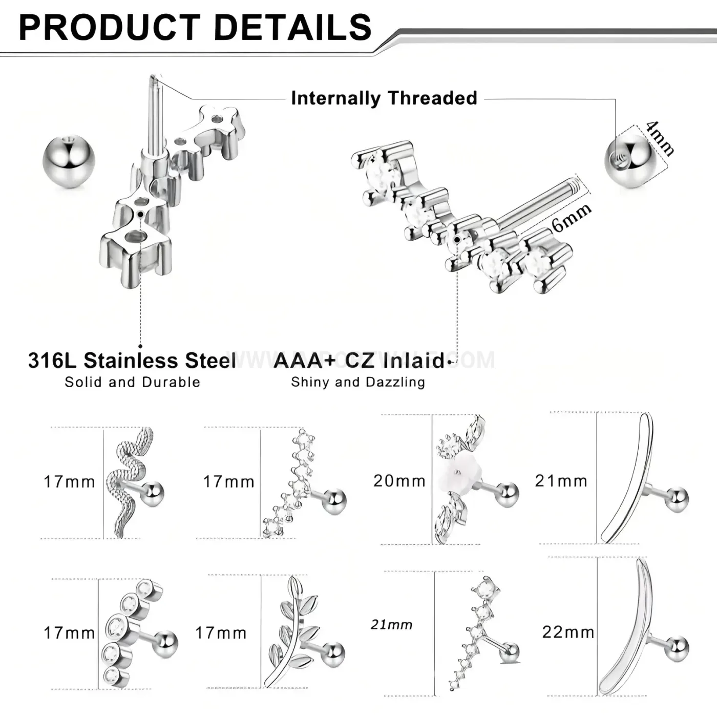 Classic Stainless Steel Flat Back Geometric Cartilage Piercing Studs