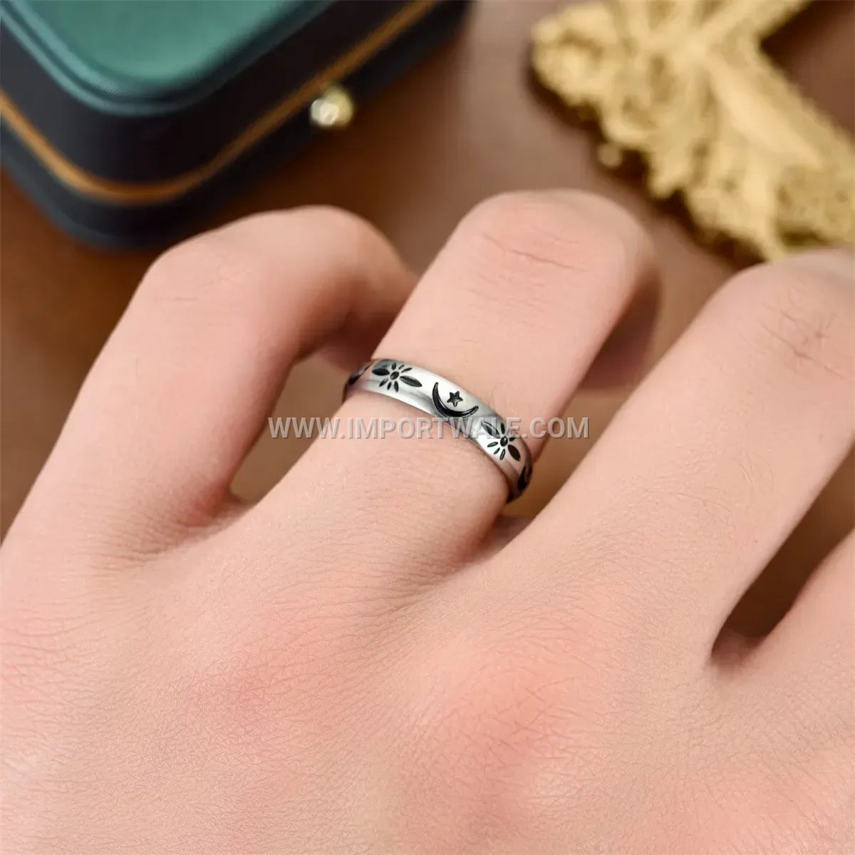 Star and Moon Engraved Titanium Steel Ring