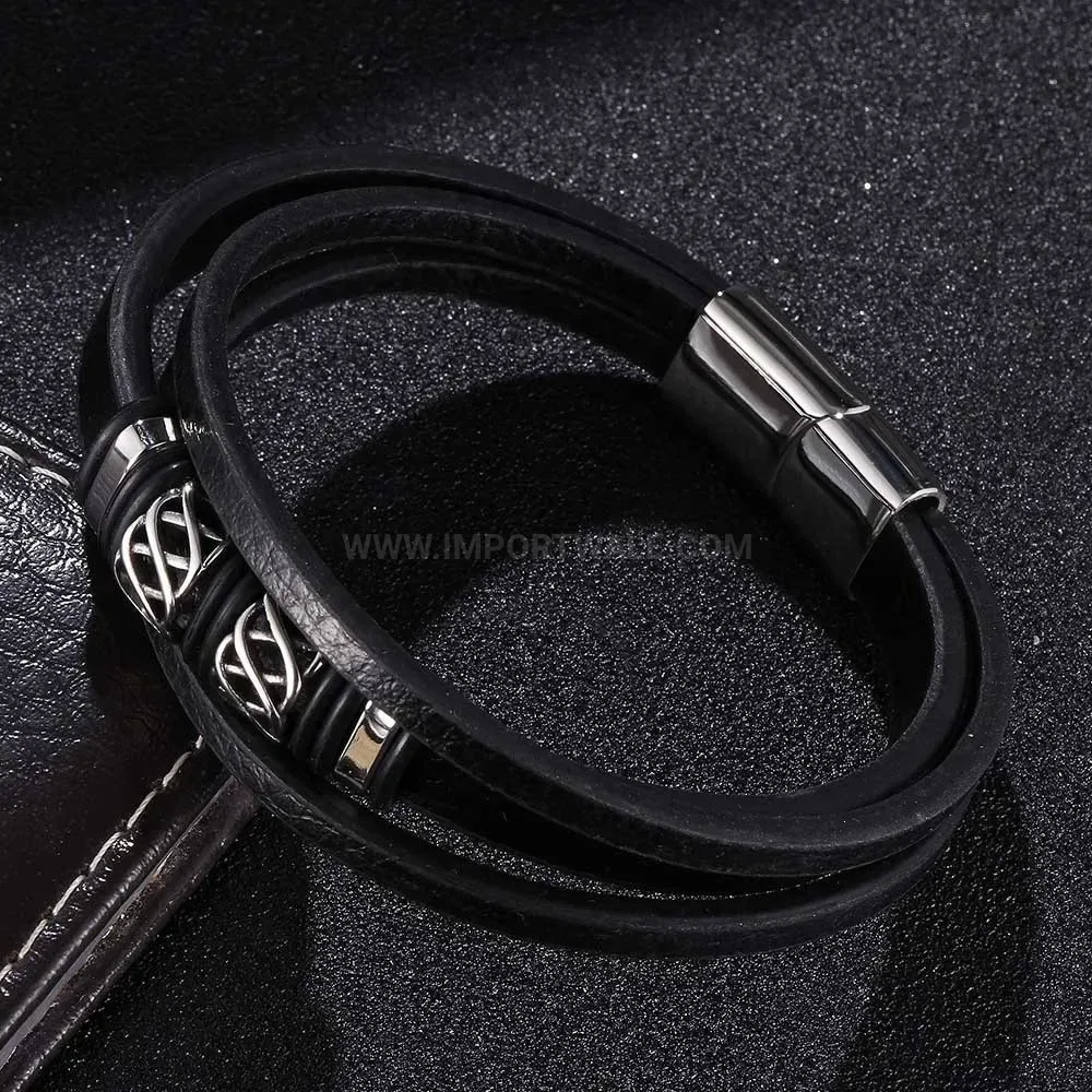 Multi-Layer Woven Leather Stainless Steel Bangle Wristband for Men