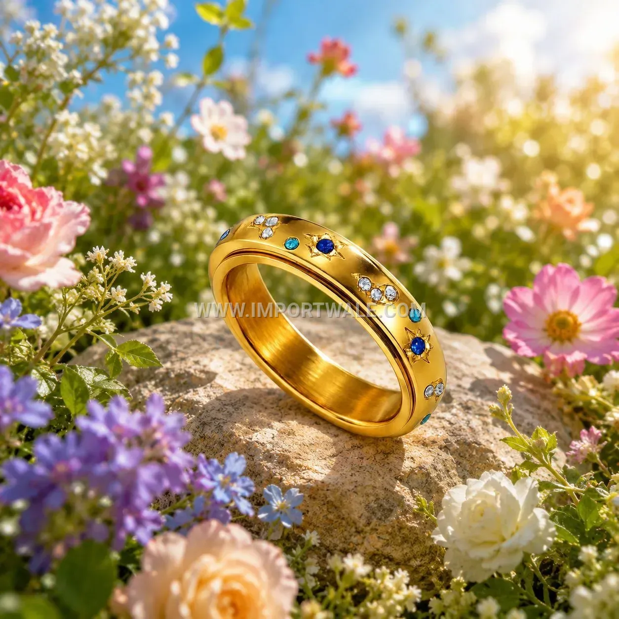 Multicolor Zircon Inlaid Stainless Steel Spinner Ring