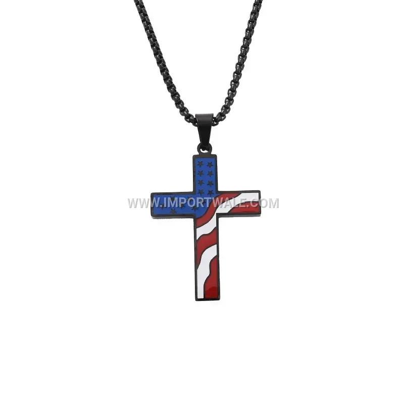 Stainless Steel Flag Cross Pendant Pearl Necklace