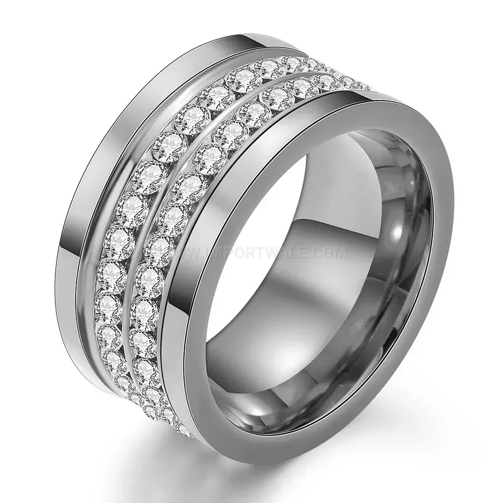 Double Row Crystal Accent Stainless Steel Ring