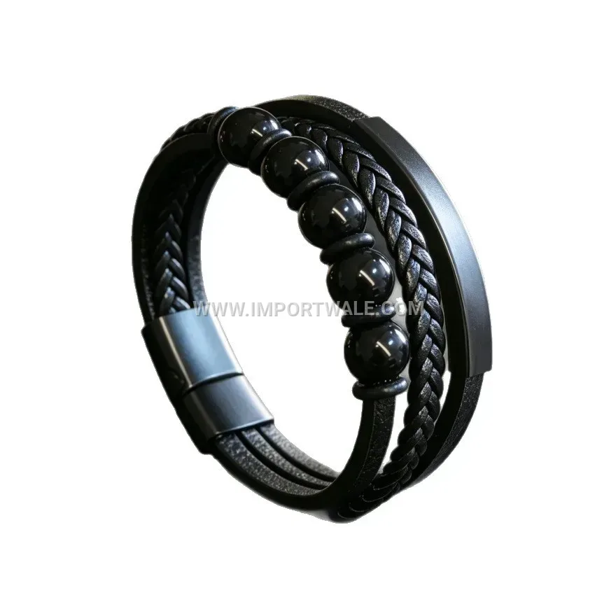 Men's Braided Leather Bracelet with Black Beads and Magnetic Clasp