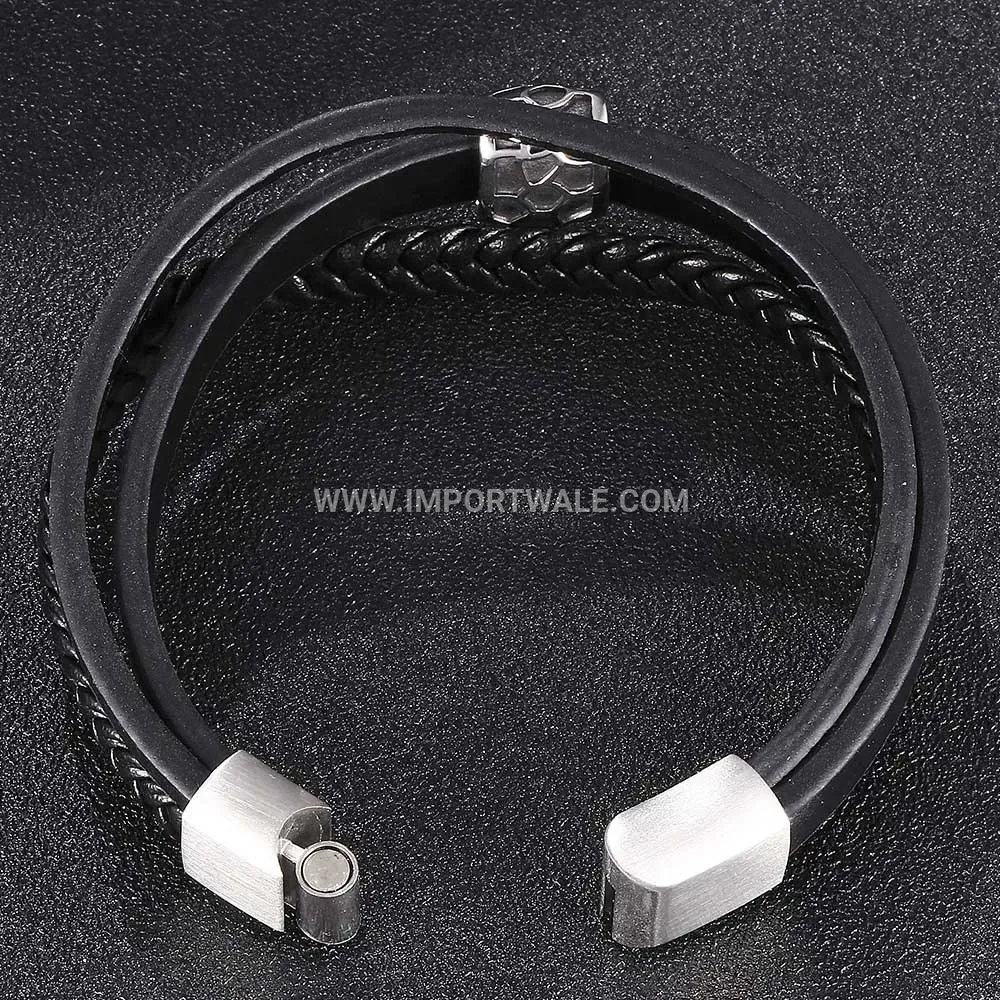 Multi Strand Woven Black Leather Stainless Steel Cuff Bracelet for Men