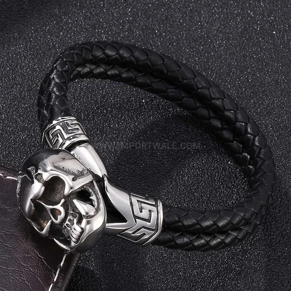 Vintage Skull Double Wrap Leather Bracelet with Stainless Steel Details