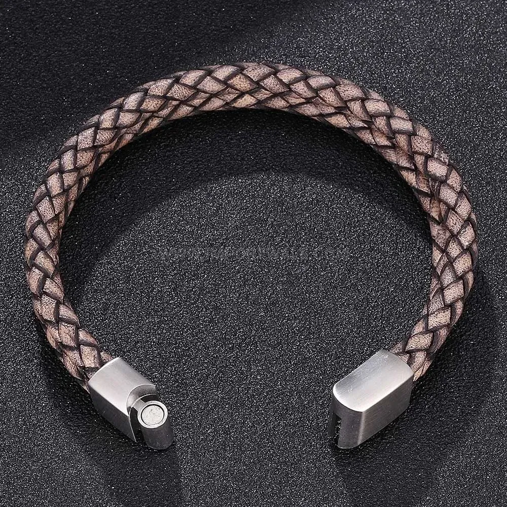 Vintage Stainless Steel Magnetic Clasp Leather Wristband Accent
