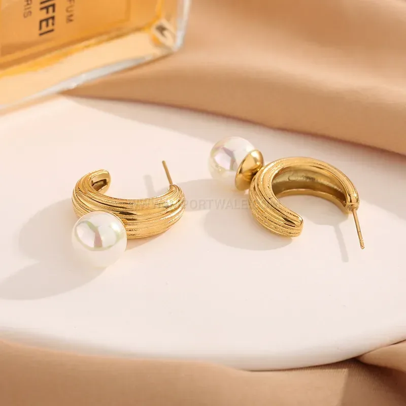 Fashion Vintage 18K Gold Plated Stainless Steel Pearl Textured Hoop Earrings