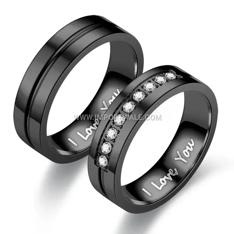 Engraved Stainless Steel Zircon Couple Band Ring