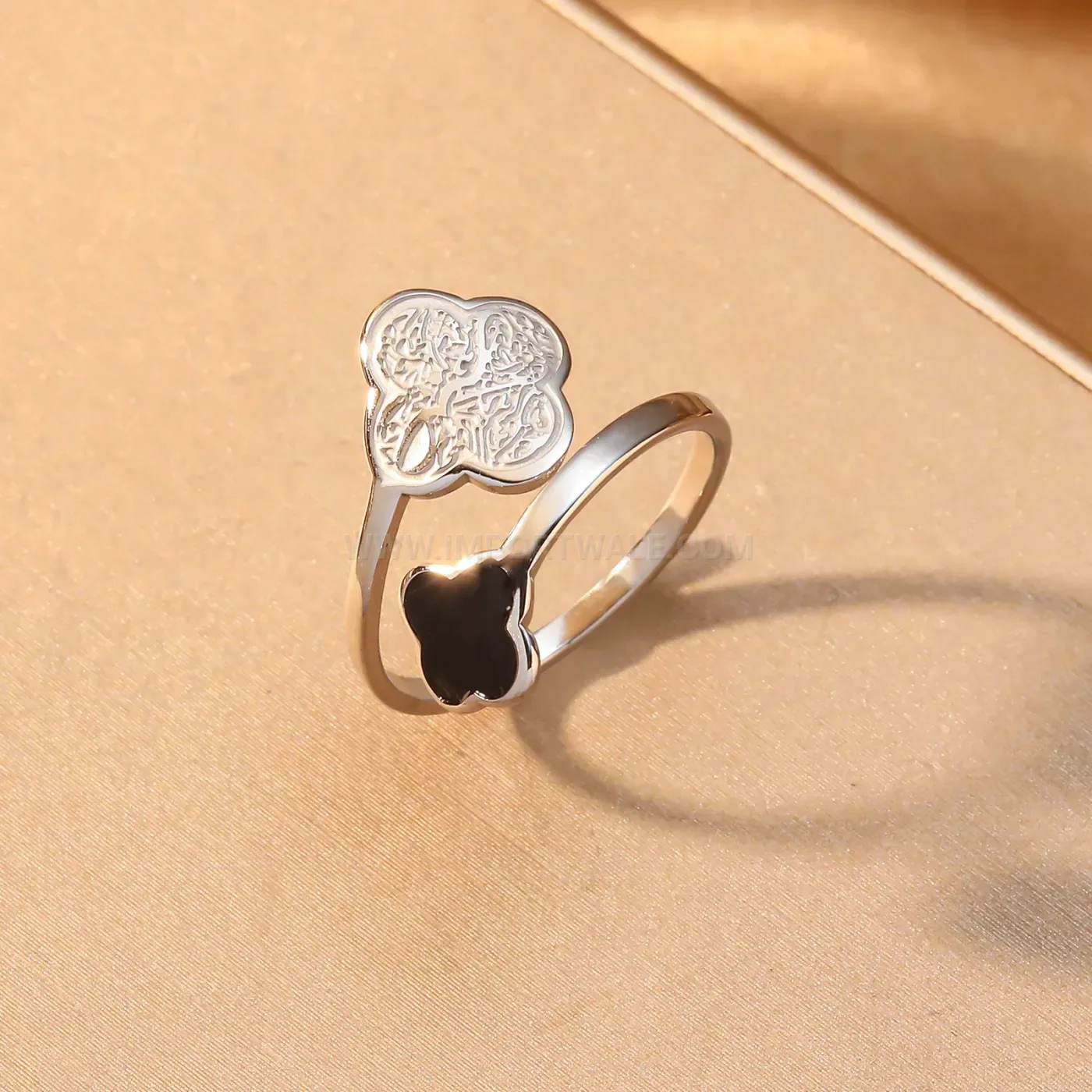 Premium Stainless Steel Filigree Clover Open Bypass Ring with Enamel