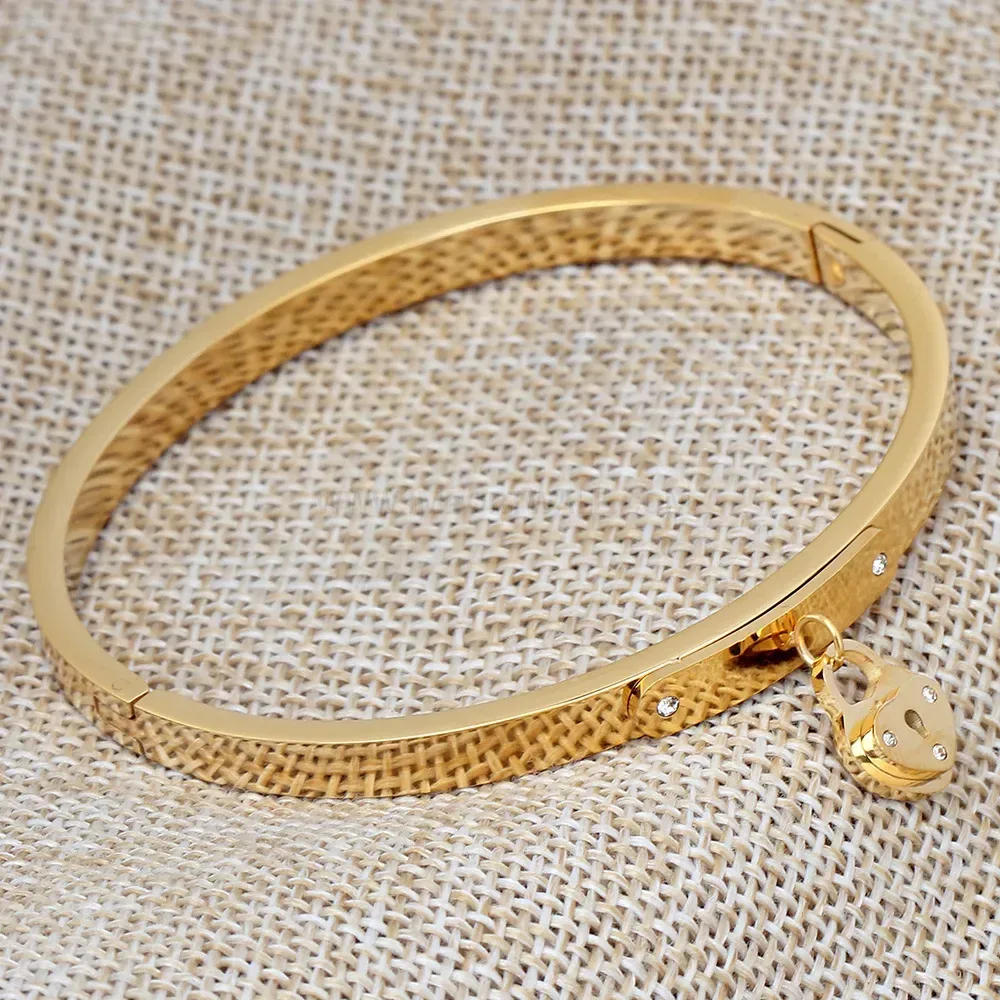 Bold Stainless Steel Rhinestone Heart Lock Bangle Bracelet