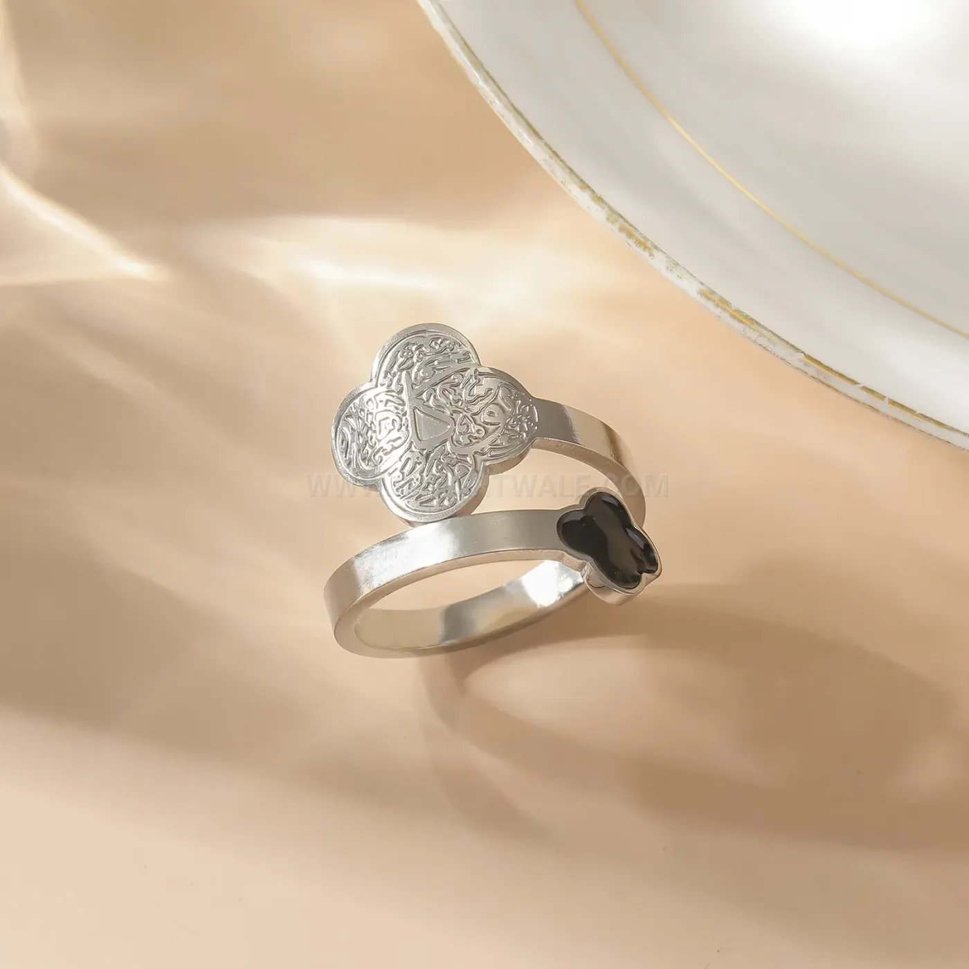 Stainless Steel Arabic Clover Calligraphy Open Ring