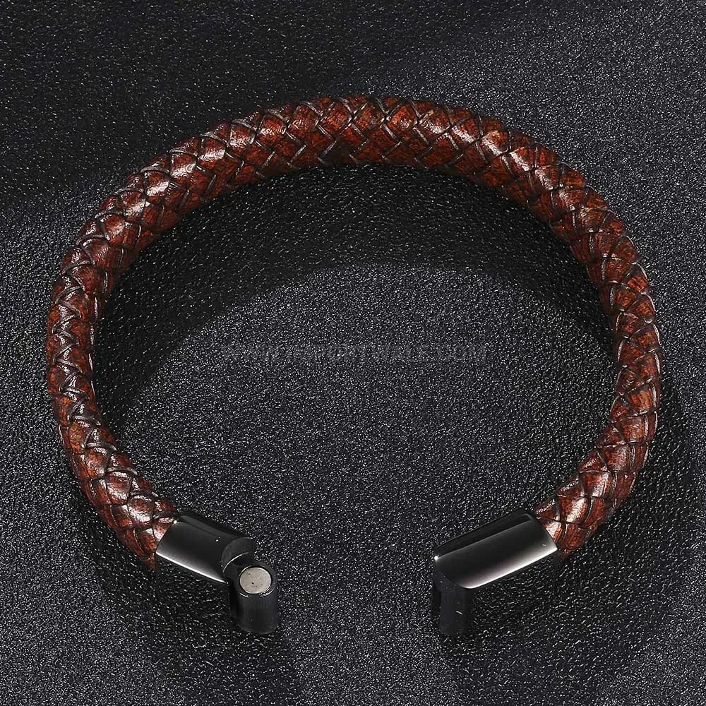 Woven Brown Leather Bracelet with Dark Stainless Steel Clasp