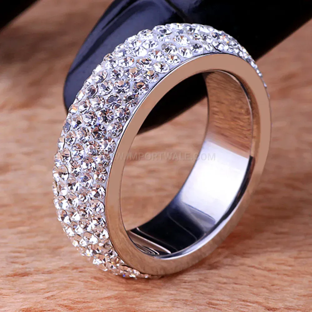 Five-Row Crystal Inlaid Stainless Steel Band Ring