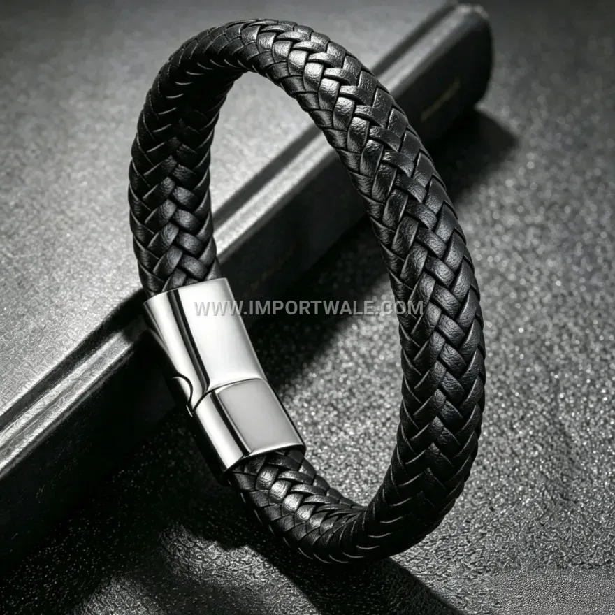 Men's Two-Tone Braided Leather Bracelet with Stainless Steel Magnetic Clasp
