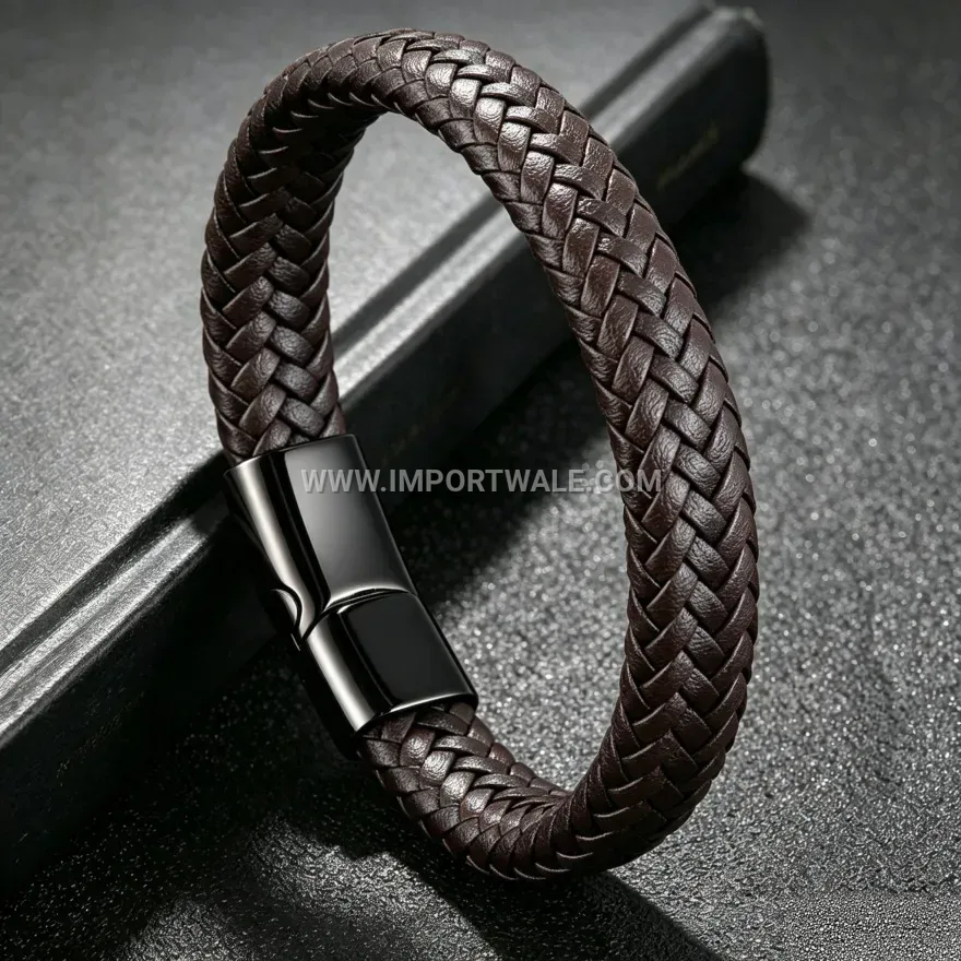 Men's Two-Tone Braided Leather Bracelet with Stainless Steel Magnetic Clasp
