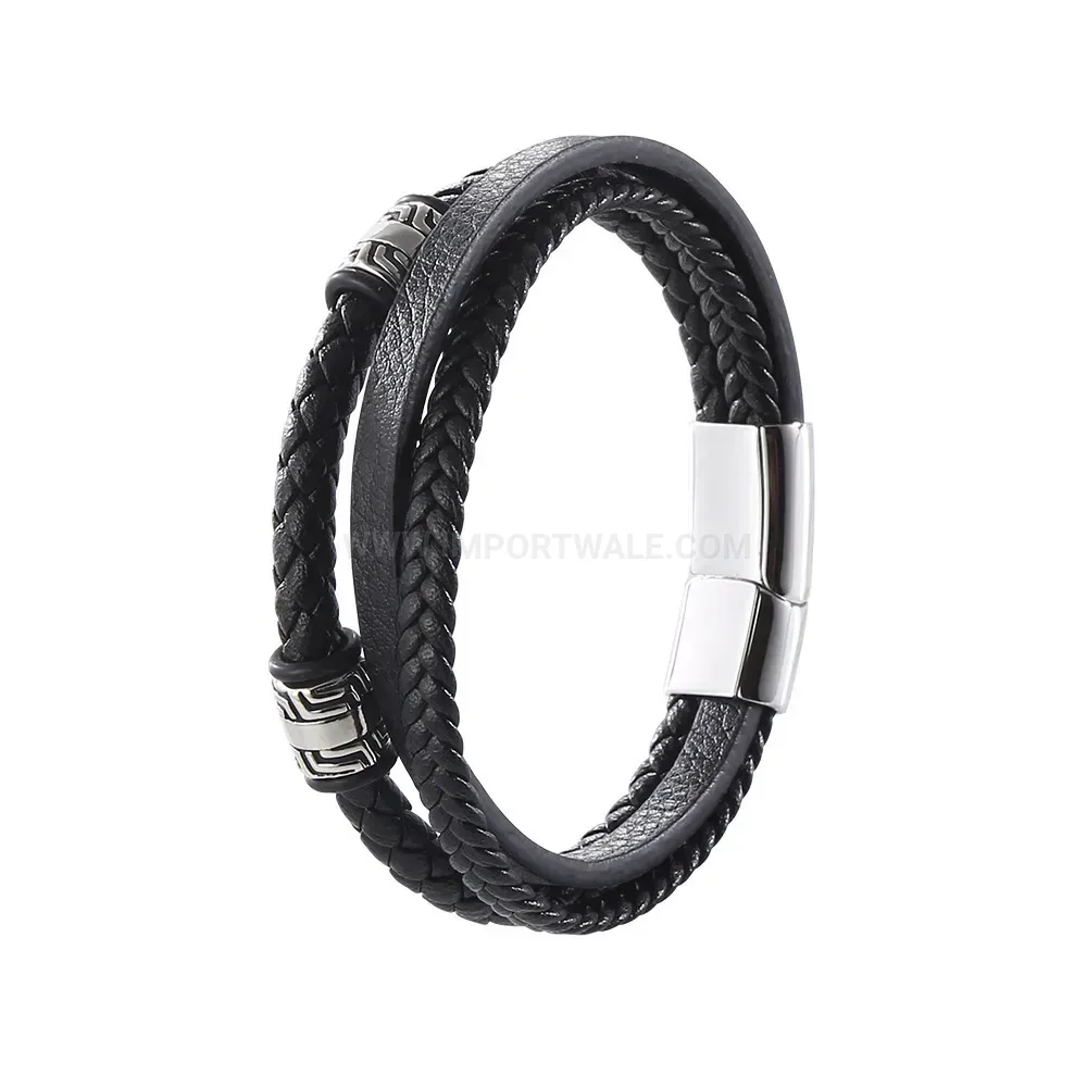 Woven Leather Bracelet with Stainless Steel Magnetic Clasp