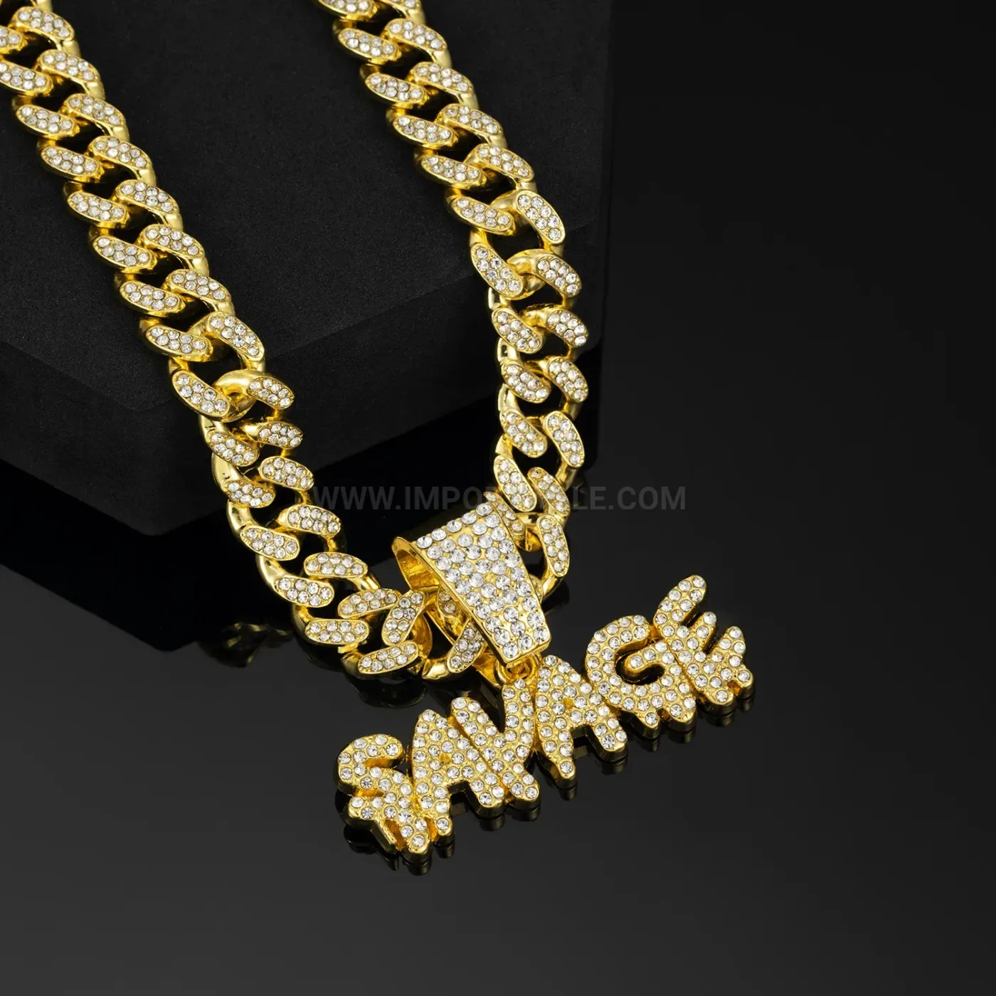 Premium SAVAGE Letter Rhinestone Alloy Cuban Chain Necklace
