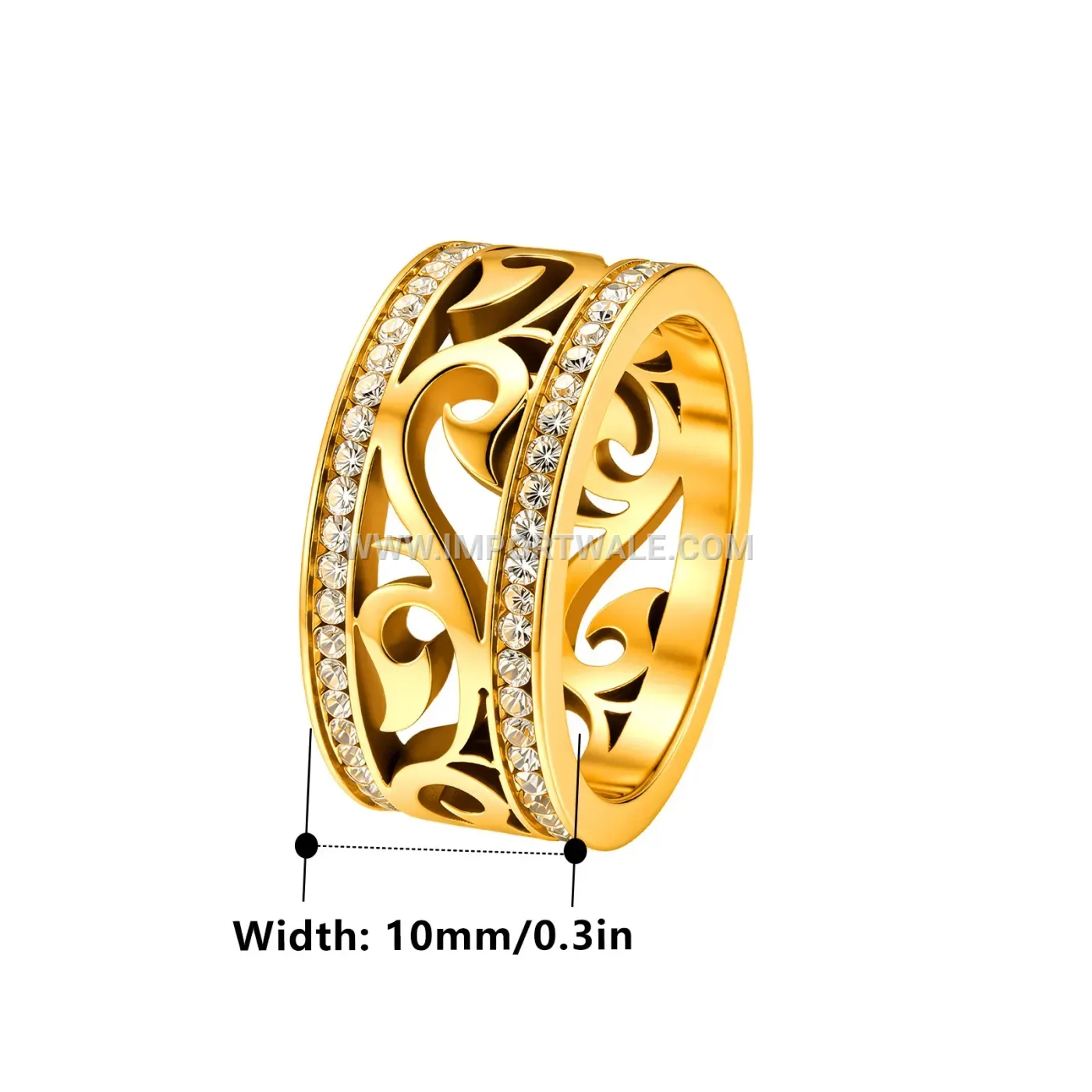 Filigree Cutout Stainless Steel Wide Band Ring with Rhinestones