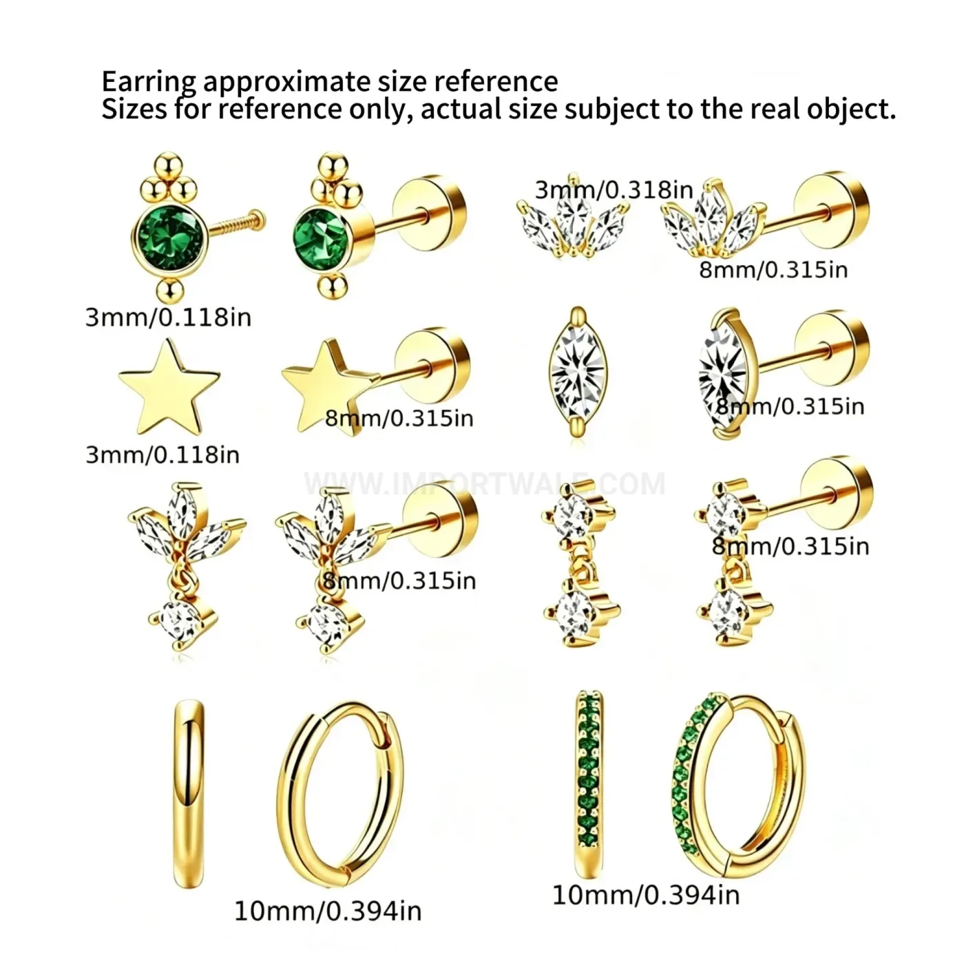 Premium Stainless Steel Green Stone Leaf Star Huggie Earring Set