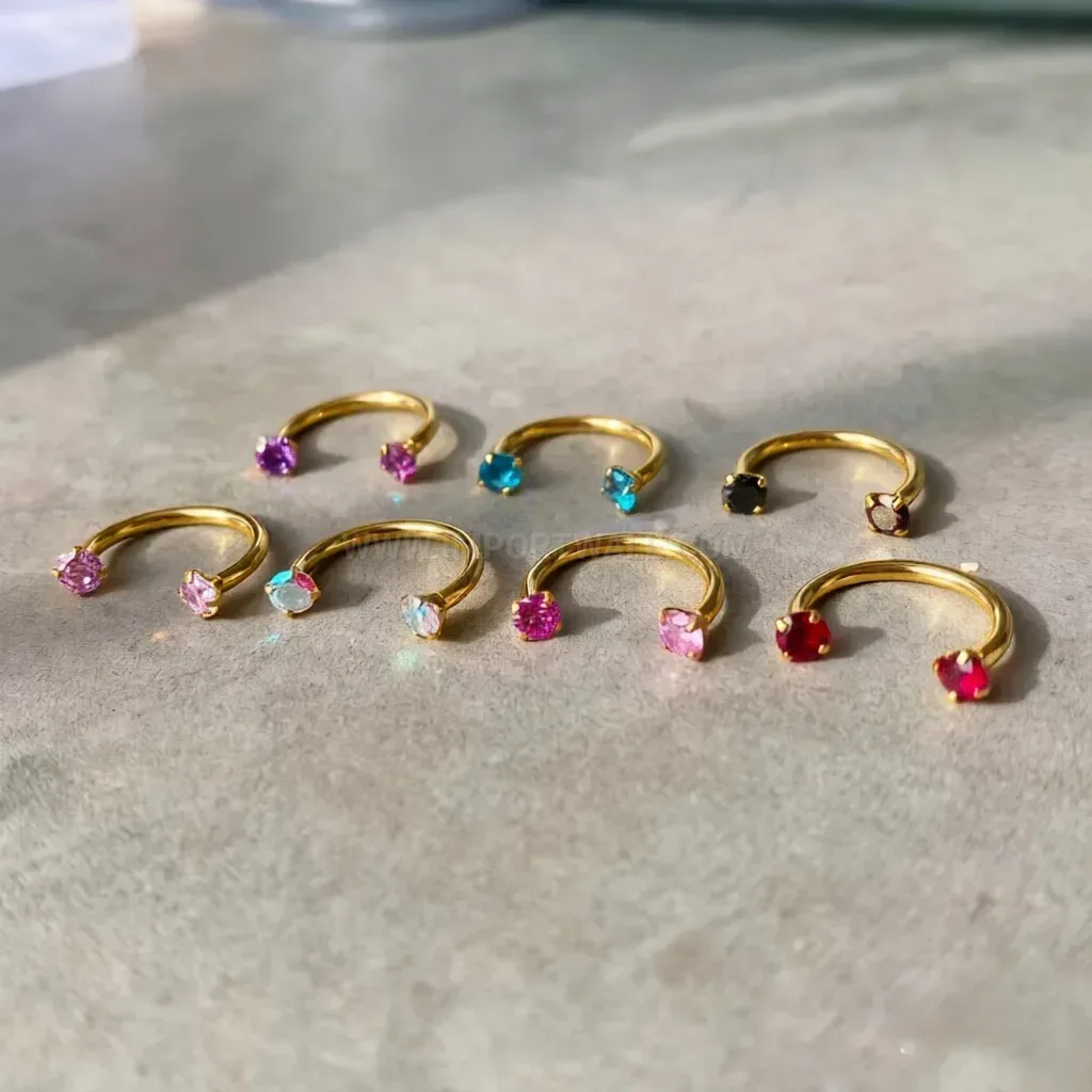 Colorful Zircon Double Studded C Shape Horseshoe Stainless Steel Piercing Ring