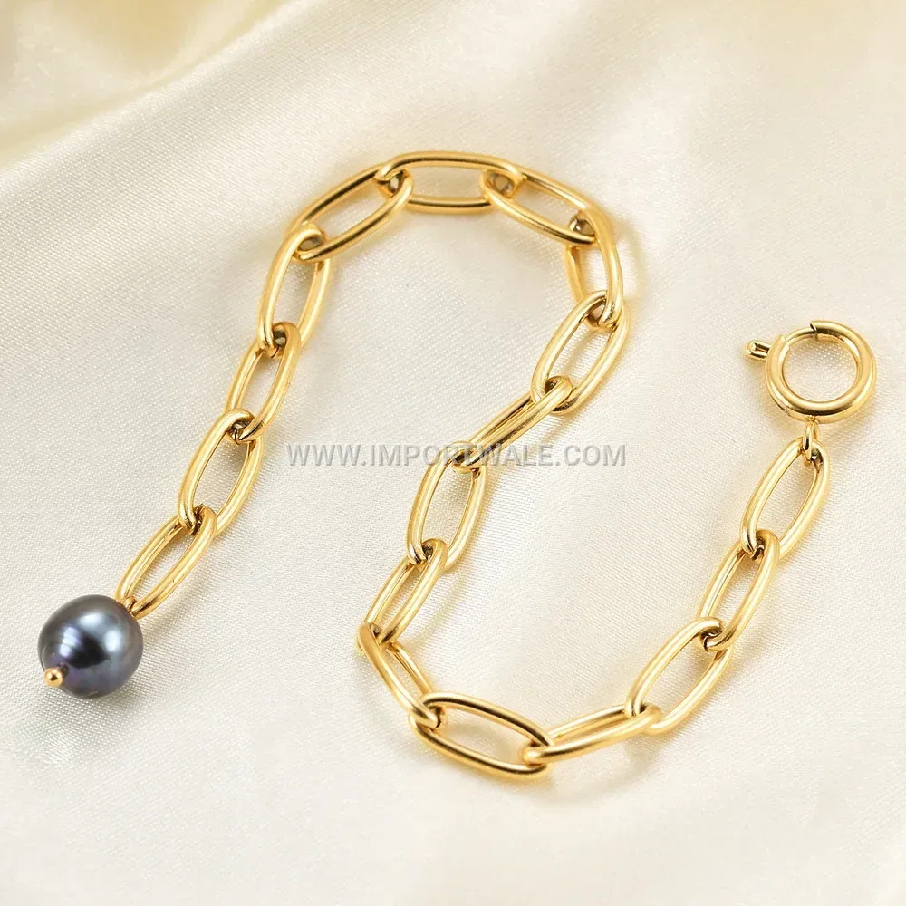 Minimalist Black Faux Pearl Paperclip Chain Stainless Steel Bracelet