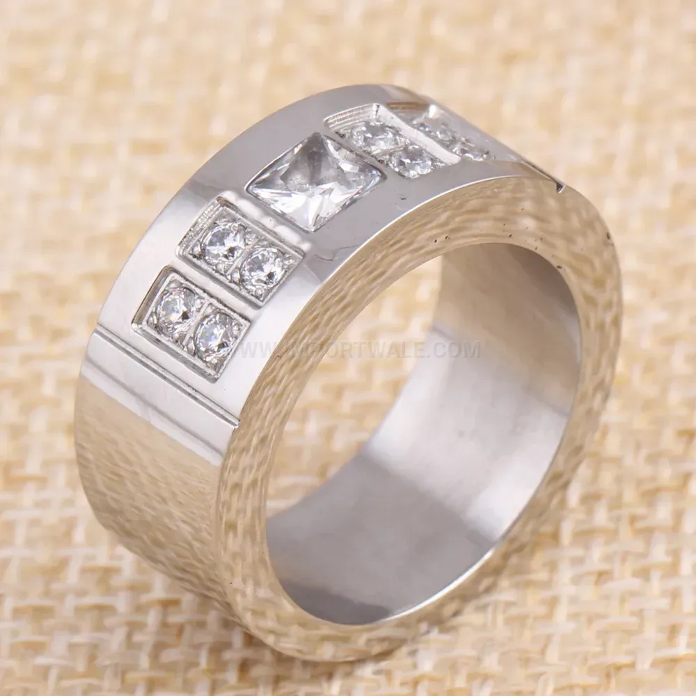 Double Row Zircon Accent Stainless Steel Band Ring
