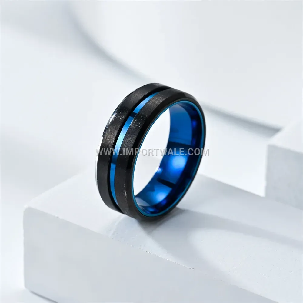 Two-Tone Stainless Steel Men's Ring with Blue Accent
