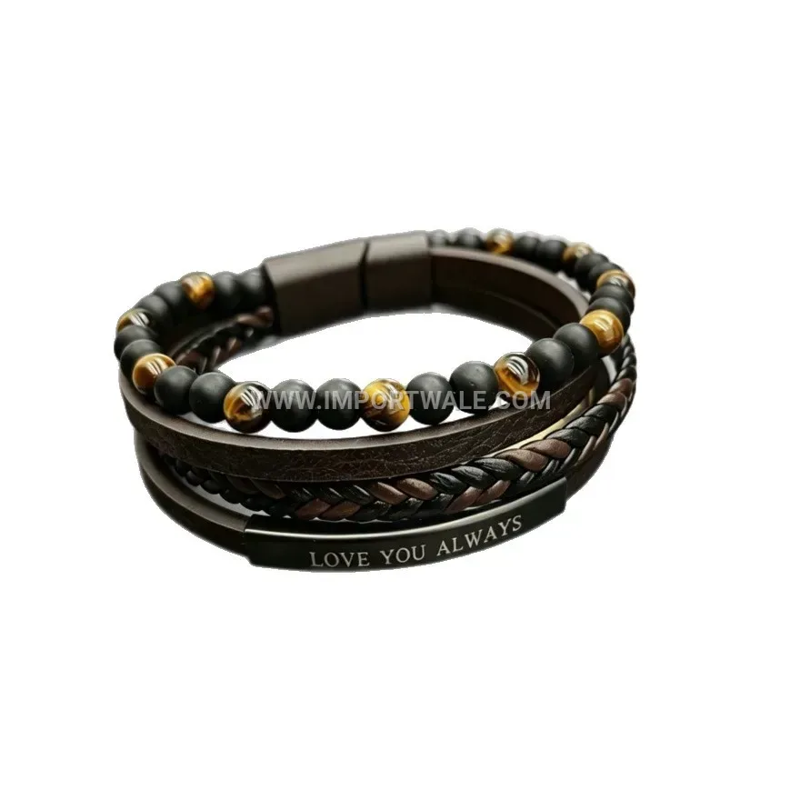 Multi-Strand Leather And Natural Stone Beads Wristband With Magnetic Clasp