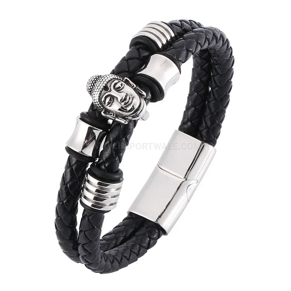 Trendy Buddha Emblem Stainless Steel and Leather Cord Wristband