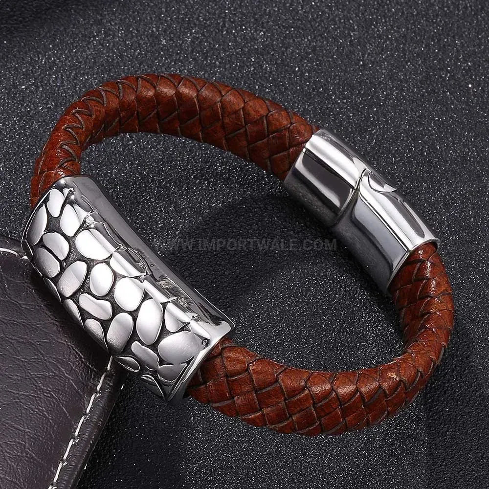 Classic Woven Brown Leather Wristband with Steel Hardware
