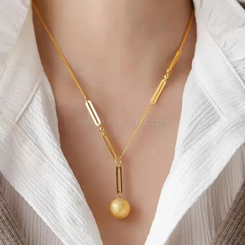 Bold Frosted Gold Bead Titanium Steel Pendant Necklace for Women