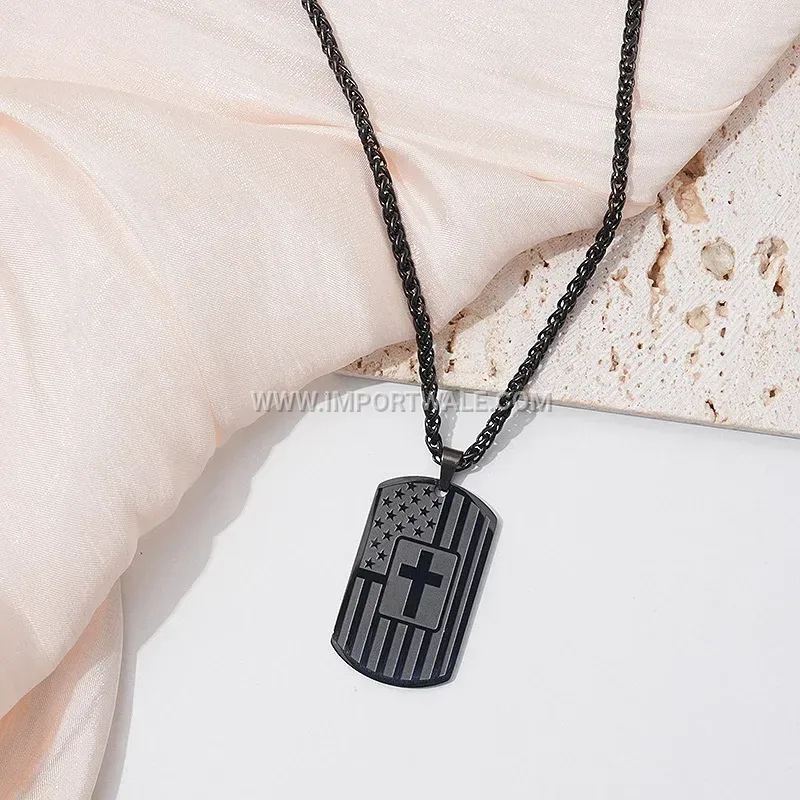 Gold Plated Stainless Steel Flag Cross Dog Tag Pendant Necklace