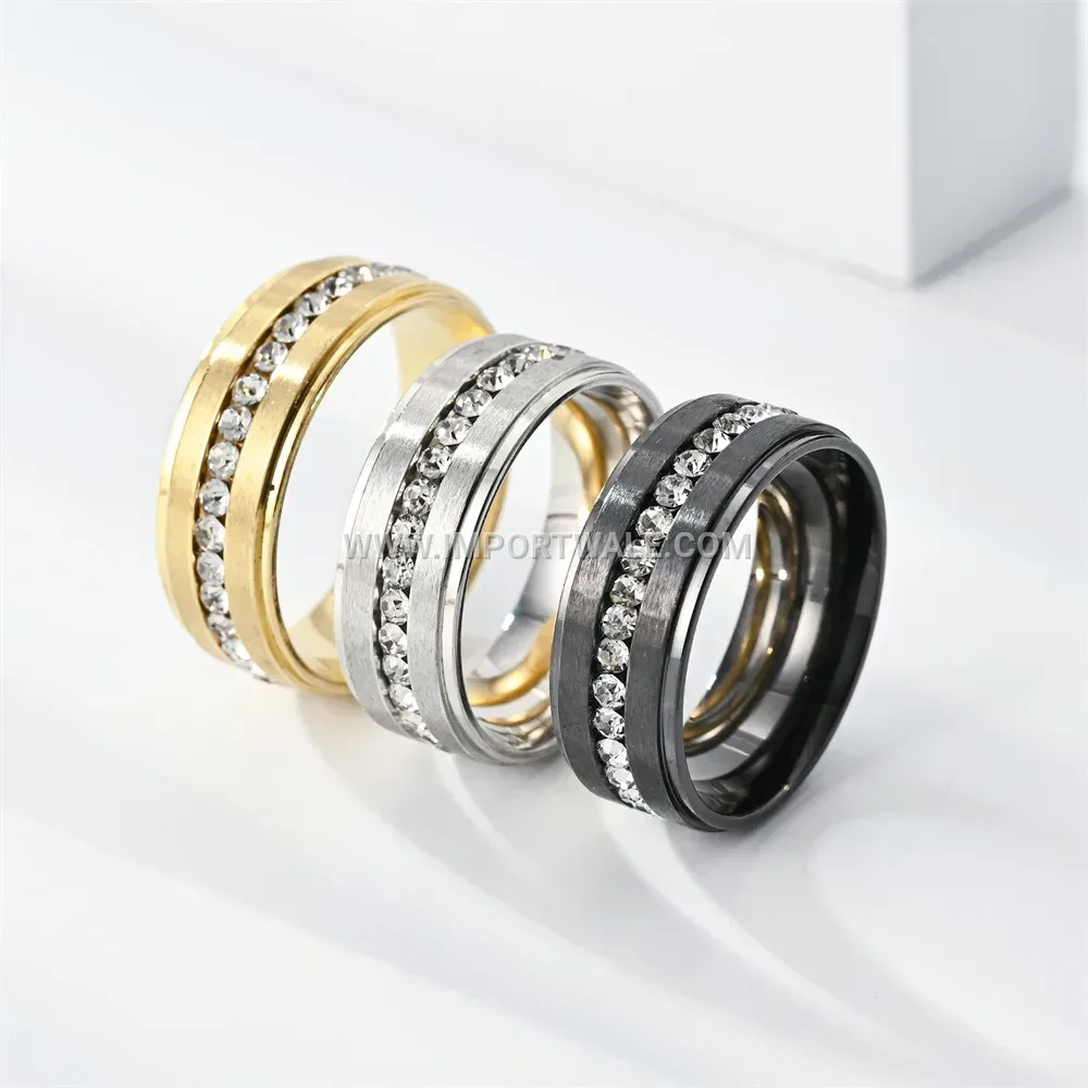 Matte Stepped Stainless Steel Eternity Band Ring with Crystals